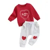 Kläderuppsättningar småbarn baby flicka pojke valentins dag kläder brev tryck tröja hjärtmönster byxor 2 st pet -outfit