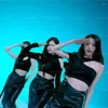 Dwuczęściowe spodnie Kpop Kpop Koreańska grupa kobiet taniec jazzowy czarny szczupły koszulka z dół z proże