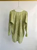 Women's Blouses Spring 2024 Green Watercolour Printed Silk Blouse Asymmetric Hem Loose Long Sleeve Ladies V-Neck Tops