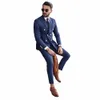 Eleganta randiga män Suits Blue 2 Piece Fi Peak Lapel Double Breasted Formal Casual Wedding Groom Tuxedo Blazer With Pants J0XO#