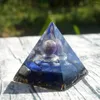 Dekoracyjne figurki ręcznie robione orgonitu piramida 60 mm ametyst kryształowa kula z srebrnym pierścieniem leczenie Cristal Reiki Orgone Chakra EMF