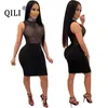 Vestidos casuais qili-mulheres sem mangas ver através de mini vestido preto diamantes malha suporte pescoço strass sexy clube curto bodycon