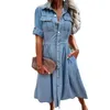 Vintage Revers Singlebreasted Denim Jurken Vrouwen Herfst Winter Lange Mouw Pocket Jurk Elegante Vrouwelijke Casual Gown 240327