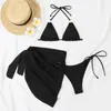 Costume da bagno da donna Reggiseno all'americana Slip a vita bassa Copricostume Set bikini con lacci in 3 pezzi con tinta unita sexy