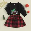 Kledingsets Peuter Baby Meisje Kerstoutfits Truck Letter Print Tops Knop Geruite Rok 2-delige kleding met lange mouwen