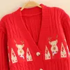 Women's Knits 2024 Autumn Winter Loose Medium Length Pocket Fashion Animal Pattern Red Sweater Cardigan Coat Knitted Top