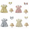 Flickklänningar sommar barn fragmenterad blomma klänning flicka baby flip krage bubbla kjolar kort ärm sol skugga hatt prinsessan klänning gratis headrope storlek 70- 07GW#
