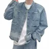 Heren Casual Wed Denim Jacket Streetwear Ripped Stand Kraag Textuur Koreaanse Harajuku Retro Lg Mouw Luxe Jas 2024 Nieuwe Q5zZ #