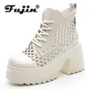 Laarzen Fujin 10 CM Patent Wedge Pompen Hoge Merk Holle Lederen Zomer Mode Mid Kuit Enkel Vrouwen Platform wedge Schoenen