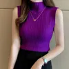 Women's Tanks Camis Elegant S-3XL Knitted Tank Top Womens Shirt Purple Blue Orange Green Yellow Tank Top Ultra Thin Sleeveless Half High Neck Top Girl 24326