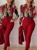 Eleganta kvinnor tryckt två stycken kostymuppsättningar Autumn Winter V Neck Long Sleeve Shirt Top Pants Set With Belt Workwear Outfits 240327