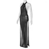 Casual Dresses BKLD Black Dress Women Clothing 2024 Winter Fashion and Sexy Open Back Split Perspective Long Party Clubwear