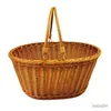 Storage Baskets 35x27x15cm Double Crank Atan Picnic Basket Hand-Woven Storage Basket Rattan Plaited Vegetable Box Eco-Friendly Storage Tool