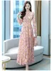 Casual Dresses Jacquard V-neck Ladies Long-sleeved Dress 2024 Spring And Summer Waist Slim Female