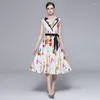 Casual Dresses Summer Fashion Brand Designer Print Runway Dress Women's Sleeveless Notched Blazer Office Work Midi Tank