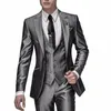 shiny Grey Men Suits With Embroidery Groomsmen Groom Tuxedos Wedding Best Blazer Sets 3 Pieces Jacket+Pants+Vest Costume Homme C1eX#