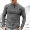 new fi men's T-shirt lg sleeve top casual exercise stretch slim sportswear zipper neckline with shoulder sleeve T-shirt T3nX#