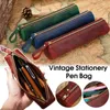 Leather Pen Stationery Cosmetic Pouch Pencil Handmade Cowhide Brush Storage Zipper Case Bag