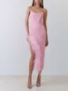 Ourlet de jupe en plumes fendue inclinée sexy, robe à bandes rose sans bretelles, robe de soirée élégante et à la mode 877697