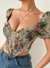 Women's T Shirts 2024 Fashion Vintage Sexy Floral Print Irregular Crop Top Women Short Sleeve Low Cut Slim Zip Up T-Shirt Club Party Retro