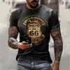 夏の男性Tシャツヴィンテージ半袖アメリカルート66レター3Dプリントfi oネックTシャツ特大のトップマンTEESクロスU9xo＃