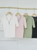 تي شيرت تي شيرت تي القمصان 4 ألوان نساء الديكورات المحبوكة tshirt 2024 الربيع سليم نحيف البسيط v-neck قصيرة الأكمام