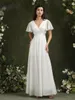 Robes de demoiselle d'honneur simples ivoire pour femmes, ligne a bouffante à manches courtes, col en v plissé en tulle, dos ouvert, robes de soirée de mariage avec ceinture 240327