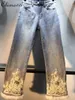 Damskie dżinsy wiosenne moda słodkie spodnie splatanie koralików cekin gazy elegancka gęstnieje elastyczne proste spodnie kobiety