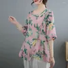 Blusas femininas retro algodão linho verão elegante impresso meia manga topo moda fina solta em torno do pescoço irregular chiffon camiseta topos