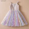 Robes de fille Enfant en bas âge bébé fille robe arc-en-ciel paillettes Tulle Tutu robes 1-5Y enfants fête d'anniversaire princesse ensemble infantile été robe sans manches yq240327