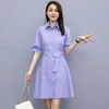 Party Dresses Solid Shirt Dress 2024 Summer Women's Polo Collar Fashion Belt Midje Wrapped Work Casual Style Pendlare Trend