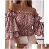 Women'S Blouses & Shirts Womens Women Off Shoder Ruffled Trim Shirring Shirt Female Top Summer Casual Long Sleeve Colorf Tighten Wais Dhbji