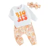 Kläduppsättningar Småbarn Baby Girl Big Sister Little Matching Outfits Letter långärmad toppar Flower Pants Bow pannband