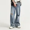 Herrbyxor högkvalitativa män rippade jeans vintage blå bred ben denim sidoknapp lapptäcke hip hop spring streetwear baggy byxor