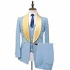 Light Sky Blue Men's Suit Double Breasted Male Blazer Set Tuxedos sjal Lapel Wedding Groom Wear med västjacka och byxor S3ZL#