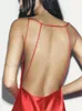 TRAFZA Damen Spaghettiträger, V-Ausschnitt, rückenfreies Kleid, Rot, sexy, lange Satin-Kleider, modisch, ärmellos, elegant, Party 240322