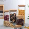 Storage Bottles Jars Square Sealed Glass Bottles Jars New Tea Coffee Beans Transparent Storage Boxes Candy and Snack Tins with Bamboo Lid 240327