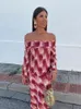 ワークドレスの女性のプリントタイダイプリーツスカートセットエレガントな長袖シャツフリルミディスカートスーツ2024夏休みパーティー2 PCS