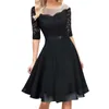 Casual Dresses Solid One Line Shoulder Summer For Women Mid Sleeve Waist Lace Patchwork Chiffon In Long Skirt Cocktail Dress