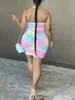 LW Plus Size Tiedye Backless Ruched Mini Dress Full Print Rainbow Sleeveless Pierced Halter Pressed Pleat Streetwear Skinny 240312