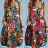 Casual Dresses Round Neck Dress Colorful Graffiti Print Women's Summer med fickor Bohemisk ärmlös Midi för semester
