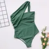 Vrouwen Badmode Sexy Een Schouder Stuk Bikini Effen Zwart Badpak Vrouwen Bandage Body Vrouwelijke Zwemmers Bandeau Monokini 2024