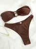 Damesbadmode Bruine kleur Bikini Set Effen badpak Dames Bandeau Tweedelige pakken U-hals Strandkleding Hol Biquini