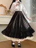 Black Long Skirts Women Japanese Kawaii Preppy Style Lolita Skirt Female French Vintage Double Layer Lace Ruffled Pleated Skirts 240318