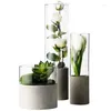 Vases Art Design Taille personnalisée Vase en verre de ciment de cylindre fait à la main avec base en bois pour la décoration de fête de mariage à la maison