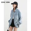 Bluzki damskie Chic Ven Wen Women koszula niebieska długie rękaw luźne, swobodne pojedyncze hafty haftowe dżinsowe topy wiosna jesień 2024