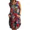 Casual Dresses Round Neck Dress Colorful Graffiti Print Women's Summer med fickor Bohemisk ärmlös Midi för semester