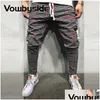 Pantalons pour hommes Chic Plaid Stripes Imprimer Zipper Pocket Design Casual Mens Dstring Slim Sporty Jogger Streerwear Hommes Vêtements Drop Deliver Dhhu5