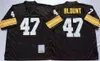 빈티지 1975 1996 축구 47 Mel Blount Jerseys 52 Mike Webster 63 Dermontti Dawson 75 Joe Greene 82 John Stallworth 36 Jerome Bettis Black White Retro 75th Team