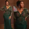 2024 Plus Size Aso Ebi PROM Black Women Hunter Зеленые вечерние платья Элегантные выпивки v Nece с длинными рукавами